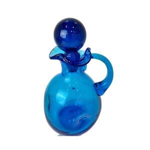 Mid Century Bischoff Pinched Decanter Blue W/stopper  8.75" Tall